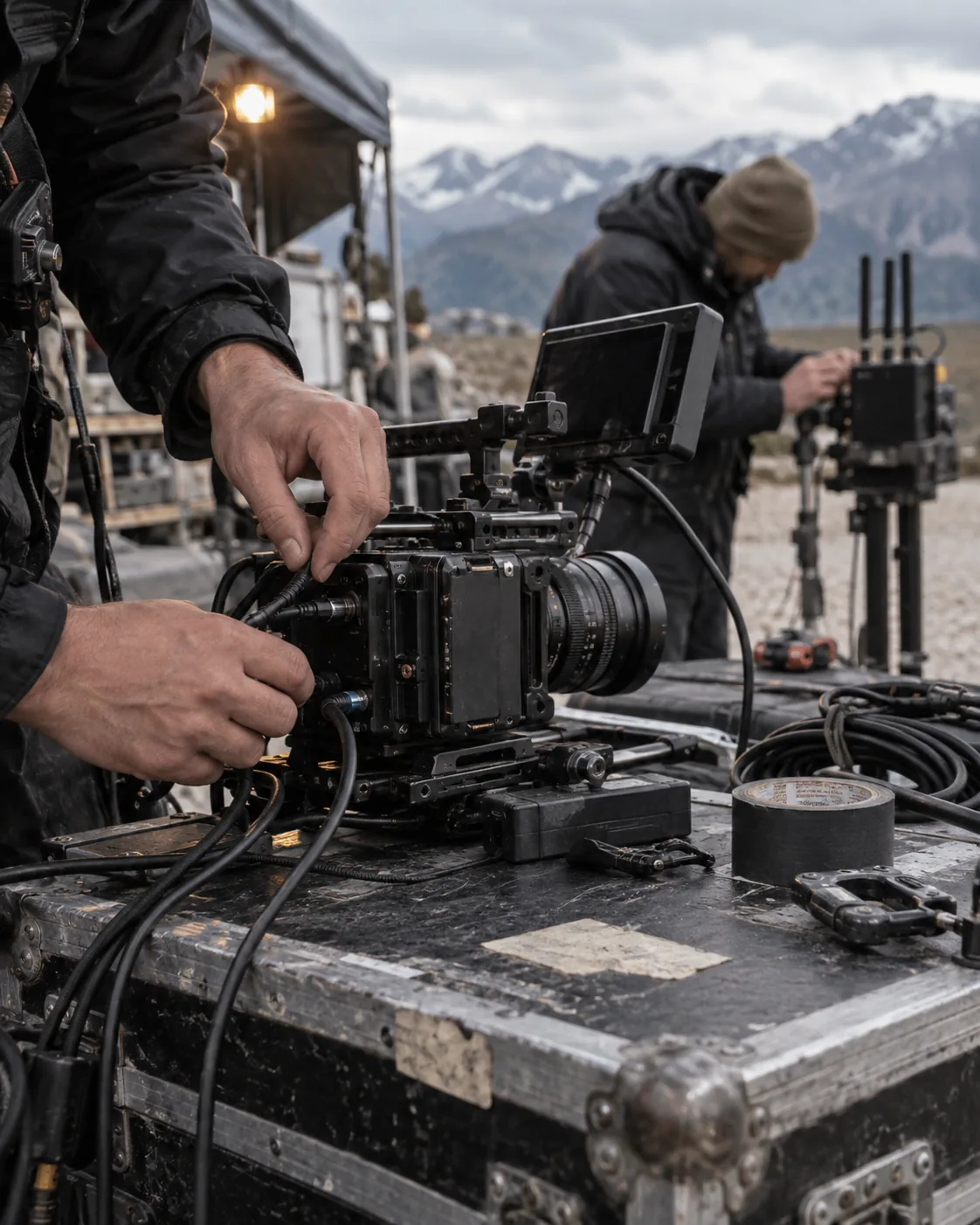 Manos conectando una cámara de cine en una mesa de producción de campo